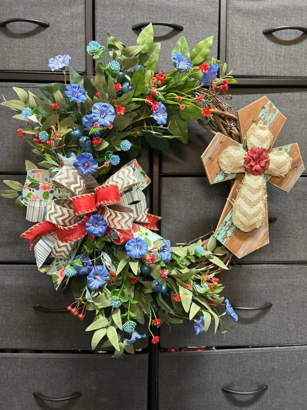 Handmade “Everyday” Blue Floral Wreath with Red Accents and Rustic Cross
